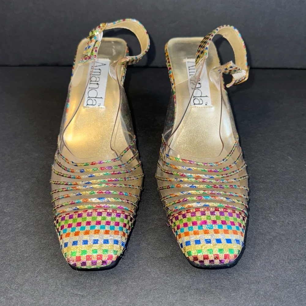 Vintage Gold Rainbow Pumps Clear Metallic Colorful Heels 60s Retro Size 8.5 - Picture 4 of 14